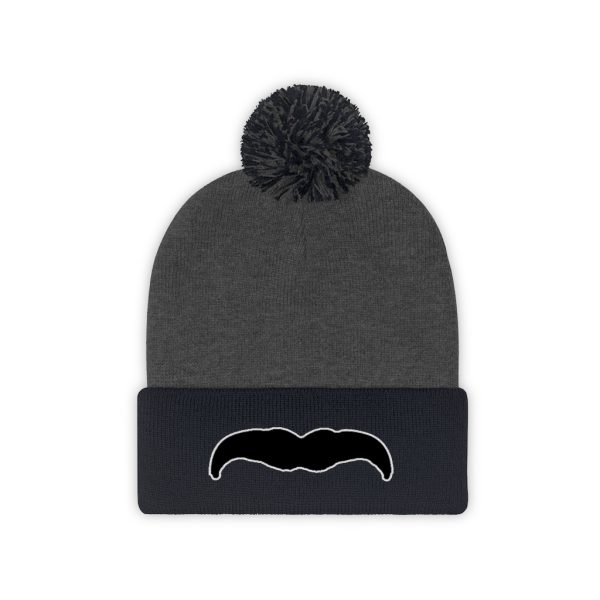Black Mustache Pom Pom Beanie, Movember Beanie, Mustache Beanie