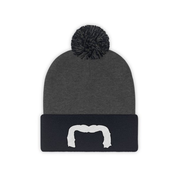 White Handlebar Mustache Pom Pom Beanie, Movember Beanie, Mustache Beanie