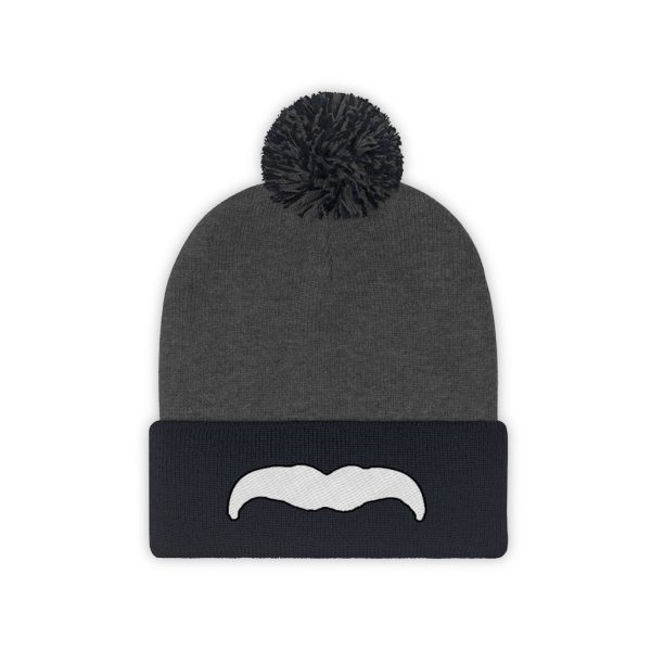 White Mustache Pom Pom Beanie, Movember Beanie, Mustache Beanie